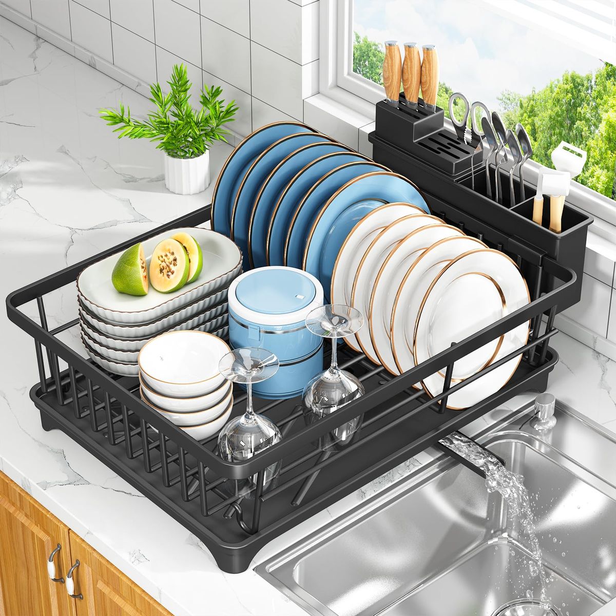 Kmiectse Dish Drying Rack For Small Kitchen Counter With Utensil Holder_maomaolike.com