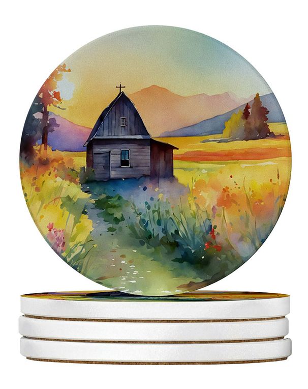 Montana Bitterroot In Watercolor Large Sandstone Coasters Pack Of 4 Absorbent Round Coasters Decor Gifts For Men Or Women, 4 In, Multicolor_maomaolike.com
