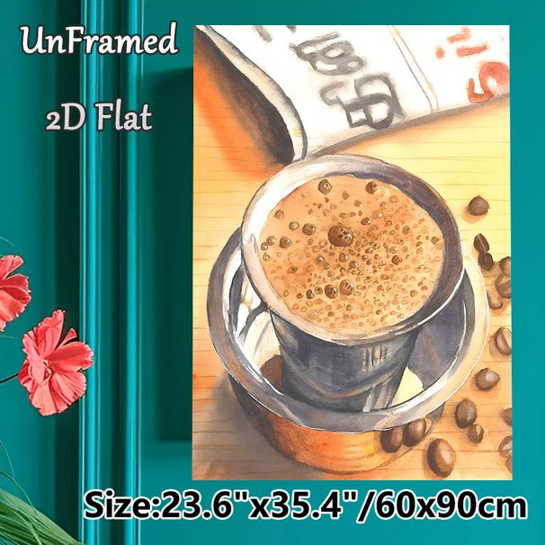 Coffee Themed Painting Poster, Watercolor-style Warm-toned Frothy Coffee In Metal Cup With Coffee Beans Poster, Brings Cozy Warm Ambiance, Ideal For_maomaolike.com