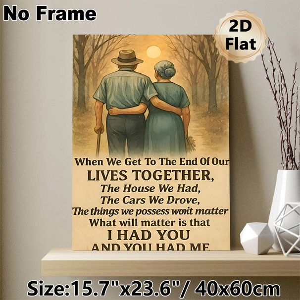 Elderly Couple Romantic Painting Poster, Warm Watercolor Style Sunset Woods Scene Poster, Heartfelt Sentimental Message, Suitable For Bedroom, Living_maomaolike.com