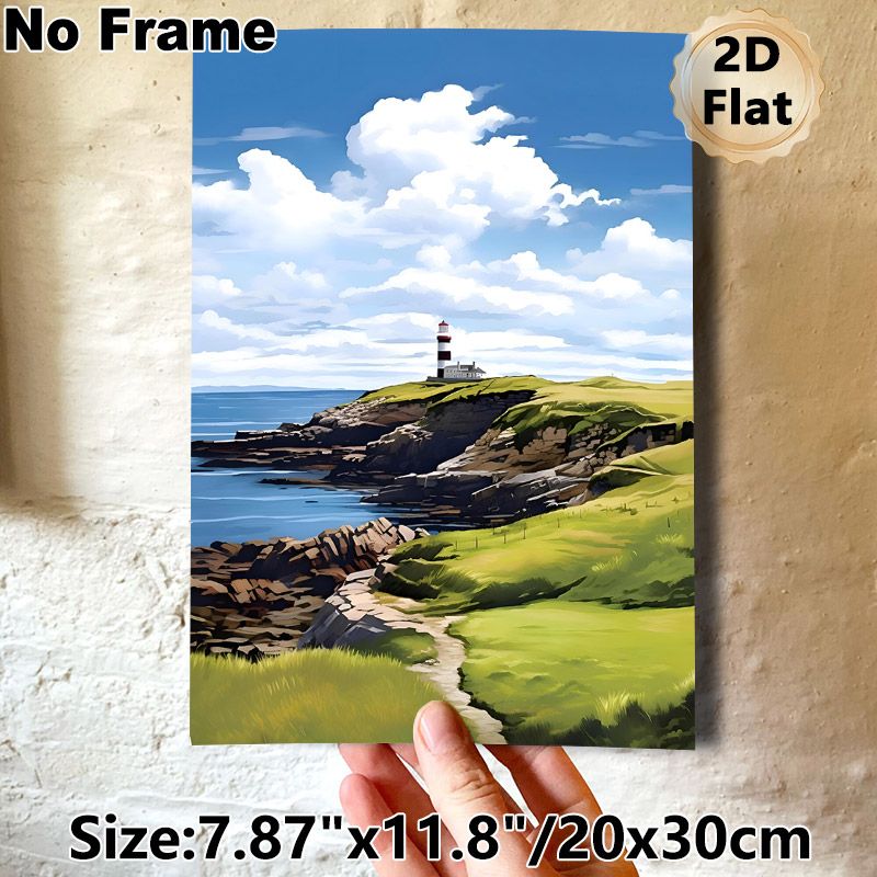 Coastal Lighthouse Painting Poster, Vibrant Idyllic Coastal Landscape Poster, Peaceful Ocean-side Artwork Ideal For Living Room, Bedroom Or Office_maomaolike.com