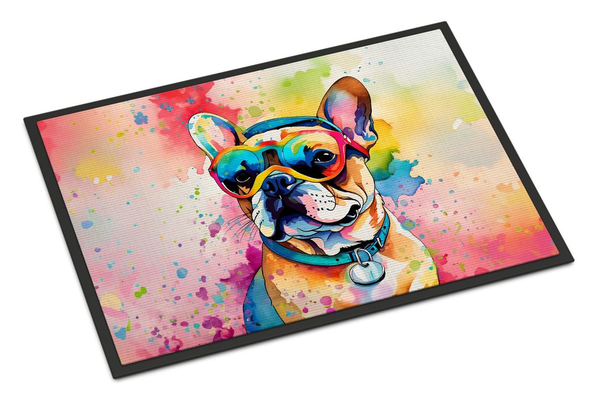 French Bulldog Hippie Dawg Doormat Front Door Mat Indoor Outdoor Rugs For Entryway, Non Slip Washable Low Pile, 24H X 36W_maomaolike.com