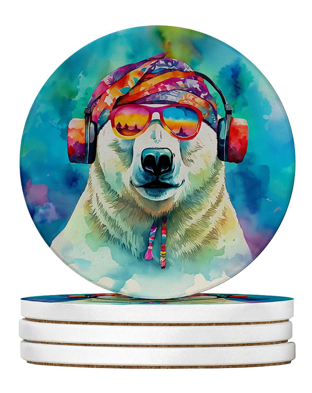 Hippie Animal Polar Bear Large Sandstone Coasters Pack Of 4 Absorbent Round Coasters Decor Gifts For Men Or Women, 4 In, Multicolor_maomaolike.com