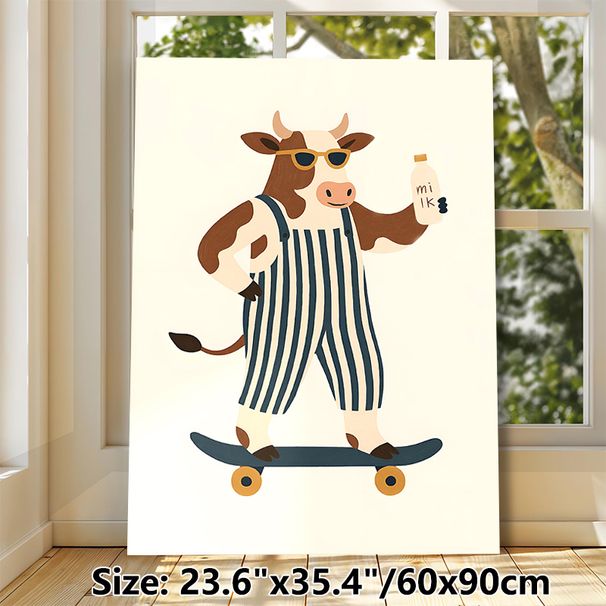 Cool Skateboarding Cow Painting Poster, Playful Cartoon Style Poster, Whimsical Design Of Cow In Overalls Holding Milk Bottle On Skateboard, Ideal For_maomaolike.com