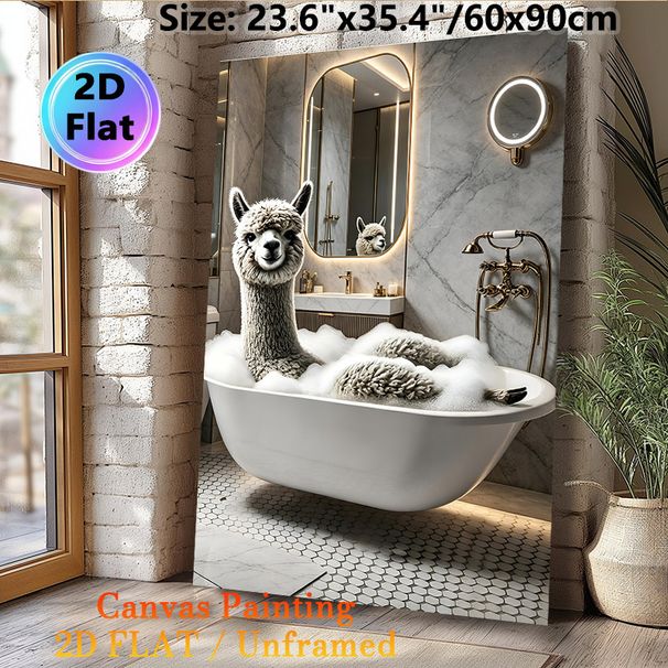 Alpaca Bathtub Themed Painting Poster, Whimsical Realistic Alpaca In Foamy Tub Poster, Adds Playful Lighthearted Charm, Ideal For Bathroom Wall Decor_maomaolike.com