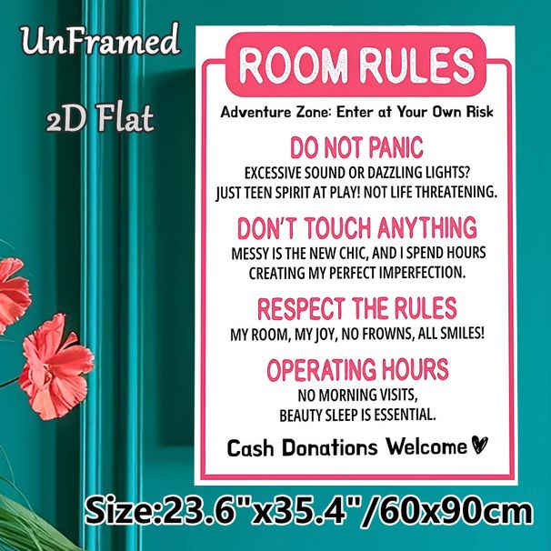 Room Rules Themed Painting Poster, Playful Pink Typographic Poster, Humorous Teen-style Room Rules, Ideal For Bedroom Decor_maomaolike.com