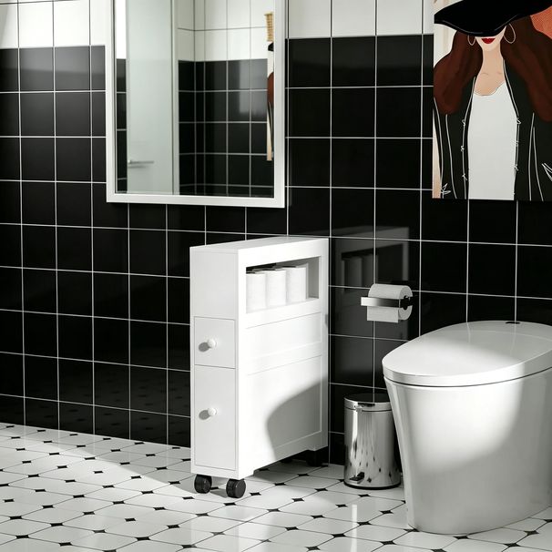 Wood Rolling Narrow Bathroom Side Storage Cabinet_maomaolike.com