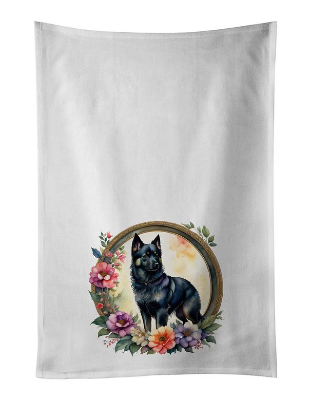 Schipperke And Flowers Kitchen Towel Set Of 2 White Dish Towels Decorative Bathroom Hand Towel For Hand, Face, Hair, Yoga, Tea, Dishcloth, 19 X 28", White_maomaolike.com