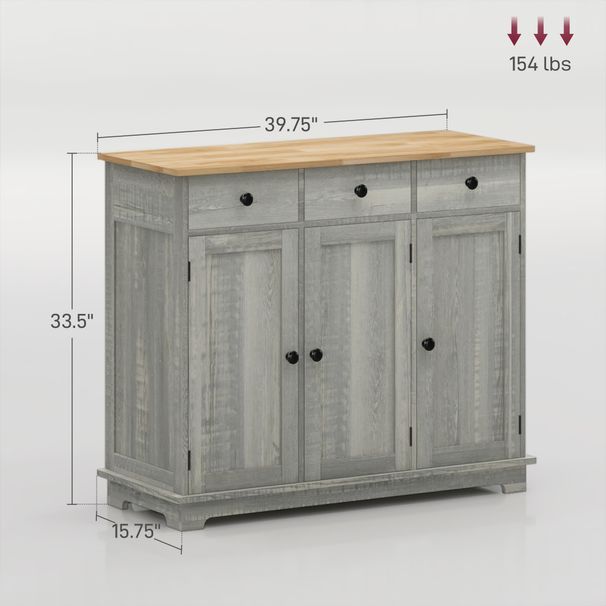 Kitchen Storage Cabinet, Sideboard Floor Cupboard With Solid Wood Top, Adjustable Shelf, And 3 Drawers, Light Gray_maomaolike.com