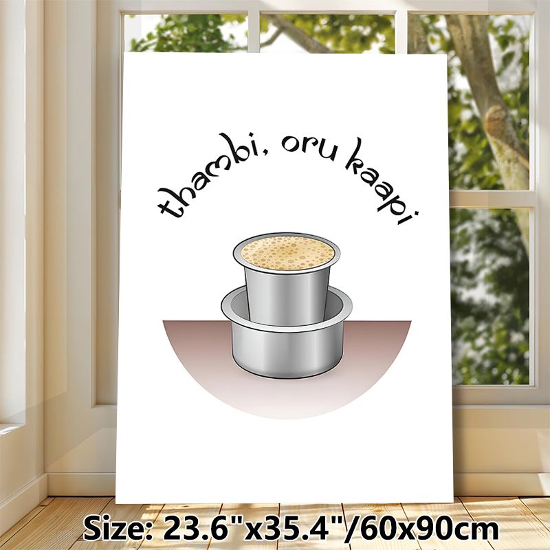 South Indian Kaapi Painting Poster, Vibrant Cartoon-style Poster, Illustrated Traditional Metal Coffee Cups With Playful Regional Text, Adds Cozy_maomaolike.com
