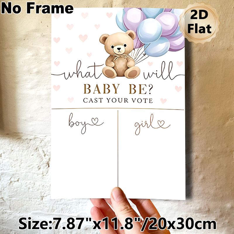Gender Reveal Teddy Bear Painting Poster, Soft Watercolor Style Teddy Bear With Pastel Balloons & Hearts Poster, Ideal For Gender Reveal Voting_maomaolike.com