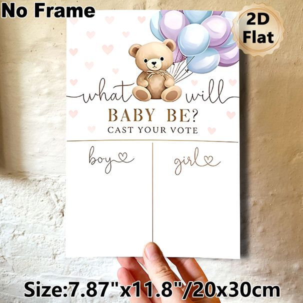 Gender Reveal Teddy Bear Painting Poster, Soft Watercolor Style Teddy Bear With Pastel Balloons & Hearts Poster, Ideal For Gender Reveal Voting_maomaolike.com