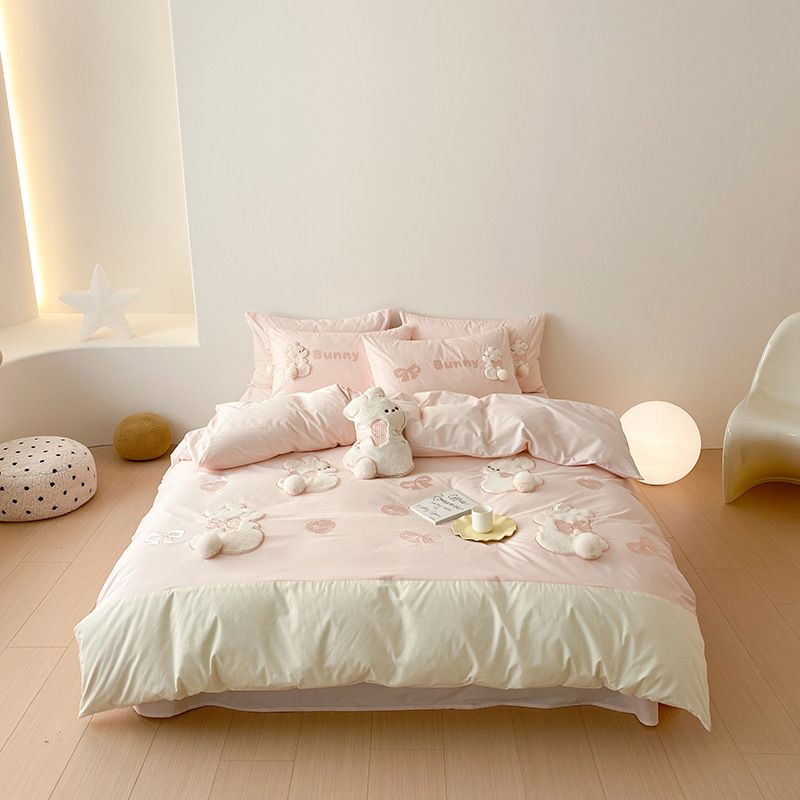 1 Korean Style Washed Four-Piece Set With Bunny Patch Embroidery, Pure Cotton Fuzzy Ball Duvet Cover, Cartoon Bed Sheet_maomaolike.com