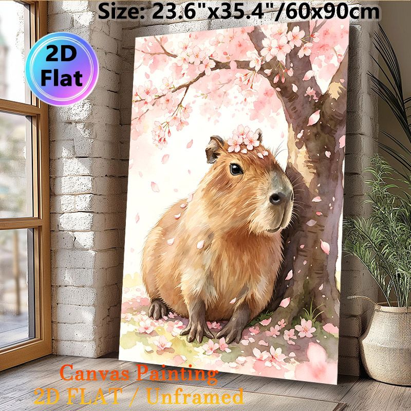 Capybara & Cherry Blossom Painting Poster, Watercolor-style Gentle Capybara Under Blooming Cherry Blossoms Poster, Soft Tranquil Aesthetic Ideal For_maomaolike.com