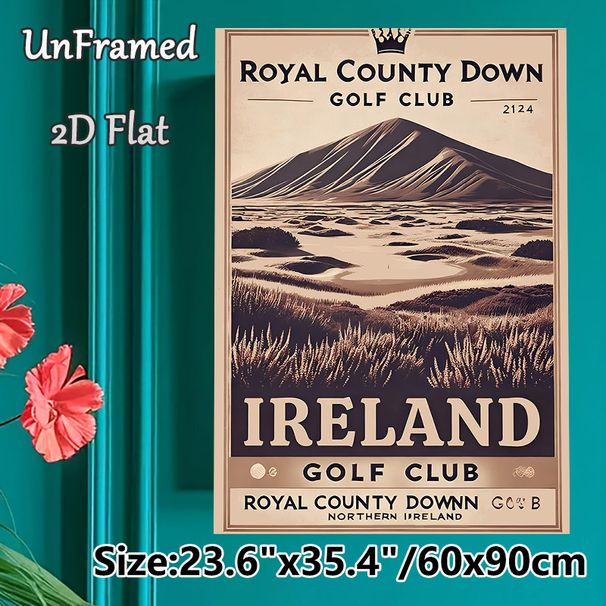 Royal County Down Golf Club Painting Poster, Vintage Sepia-toned Retro Golf Course & Mountain View Poster, Nostalgic Golf-themed Decor For Home, Golf_maomaolike.com