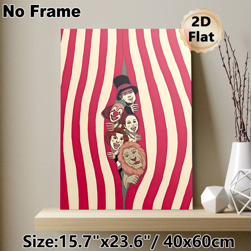 Circus Themed Painting Poster, Vibrant Vintage Cartoon Style Poster, Cheerful Design Featuring Circus Performers Peeking From Striped Curtain, Ideal_maomaolike.com
