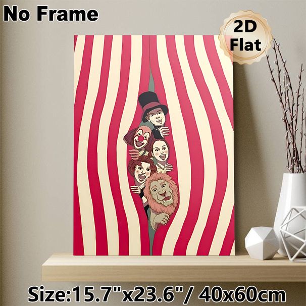 Circus Themed Painting Poster, Vibrant Vintage Cartoon Style Poster, Cheerful Design Featuring Circus Performers Peeking From Striped Curtain, Ideal_maomaolike.com
