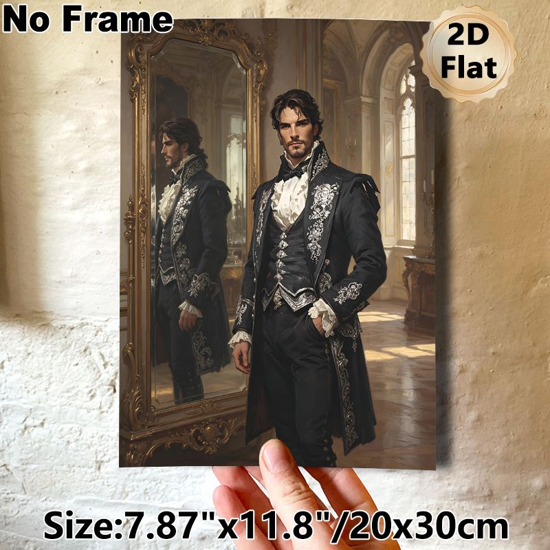 Victorian Gentleman Painting Poster, Elegant Classic Oil Painting Style Poster, Aristocratic Figure In Ornate Dark Formal Attire With Mirror_maomaolike.com