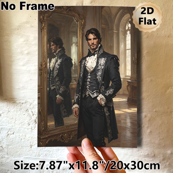 Victorian Gentleman Painting Poster, Elegant Classic Oil Painting Style Poster, Aristocratic Figure In Ornate Dark Formal Attire With Mirror_maomaolike.com