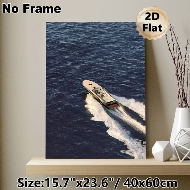 Speedboat On Ocean Painting Poster, Sleek Realistic Aerial View Poster, Vibrant Nautical Vibe, Ideal For Living Room, Office & Coastal-themed Spaces_maomaolike.com