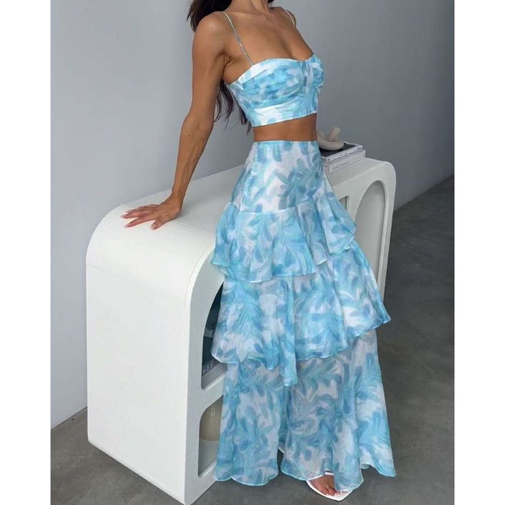 Women's clothing new suspender chest wrap printed sleeves backless tops slit two piece set_maomaolike.com
