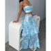 Women's clothing new suspender chest wrap printed sleeves backless tops slit two piece set_maomaolike.com
