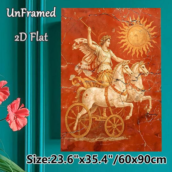 Roman Sun God Chariot Painting Poster, Vintage Cracked Mural-style Red-toned Ancient Art Poster, Timeless Historical Classical Decor Ideal For Home_maomaolike.com
