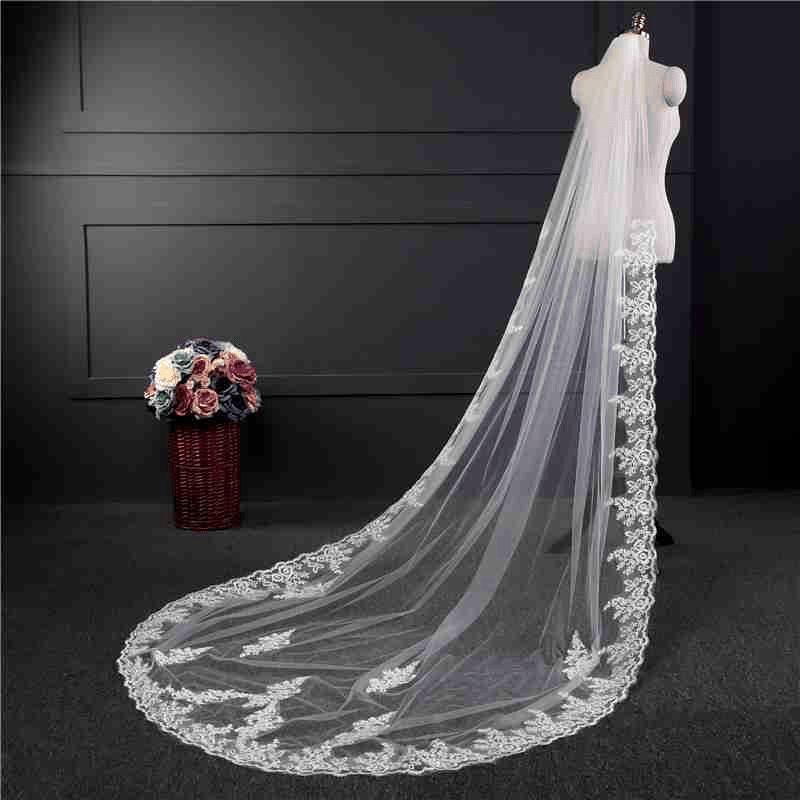 Gorgeous Wedding Lace Veil Floral Long Cathedral Veils For Brides Soft Tulle Bridal Veils With Comb_maomaolike.com