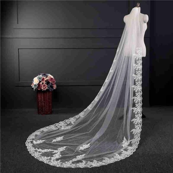 Gorgeous Wedding Lace Veil Floral Long Cathedral Veils For Brides Soft Tulle Bridal Veils With Comb_maomaolike.com