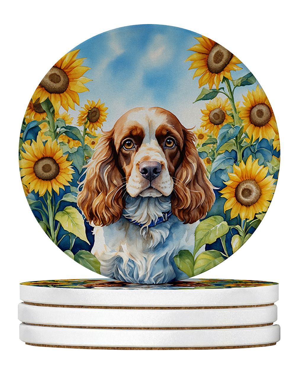 Cocker Spaniel In Sunflowers Large Sandstone Coasters Pack Of 4 Absorbent Round Coasters Decor Gifts For Men Or Women, 4 In, Multicolor_maomaolike.com