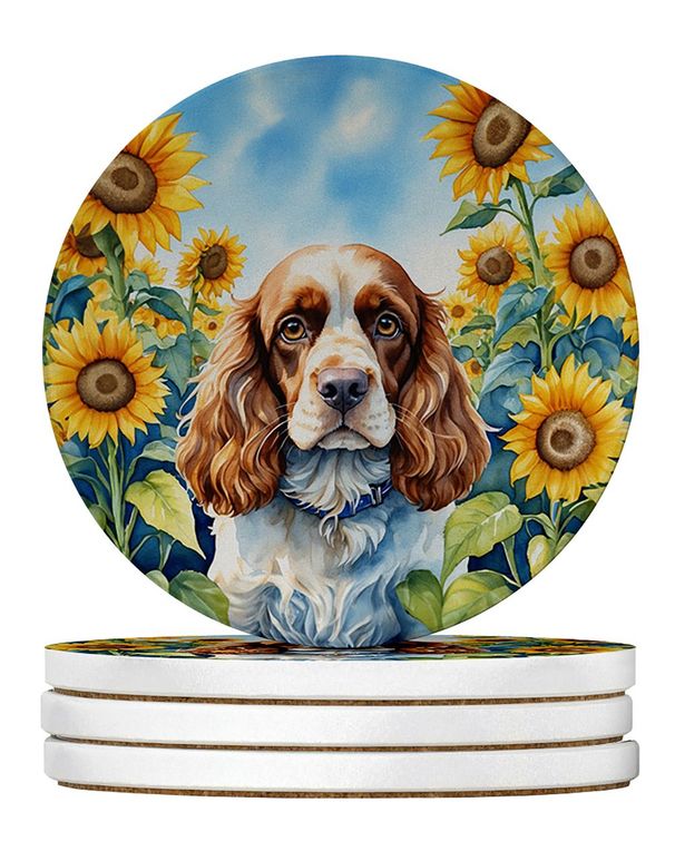 Cocker Spaniel In Sunflowers Large Sandstone Coasters Pack Of 4 Absorbent Round Coasters Decor Gifts For Men Or Women, 4 In, Multicolor_maomaolike.com