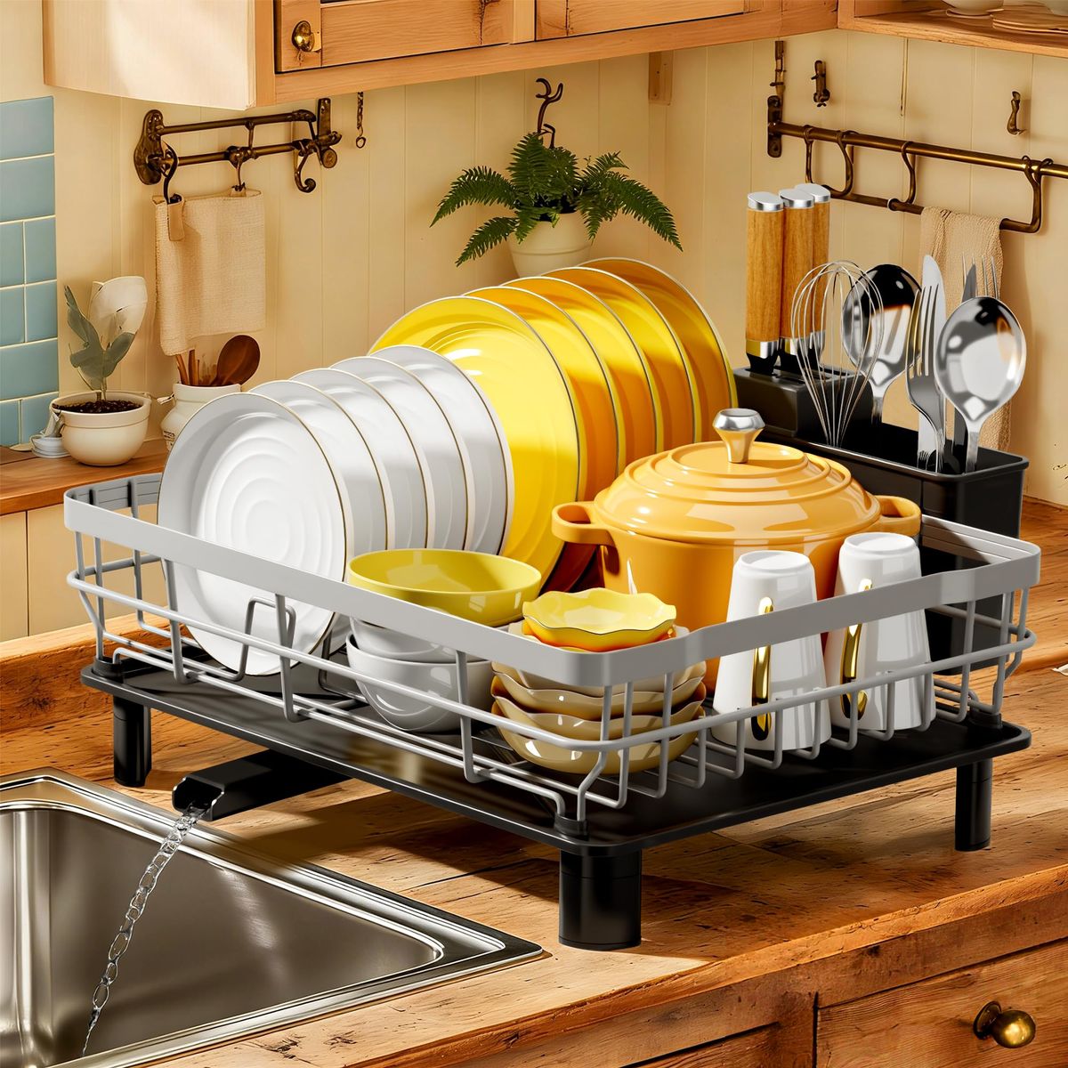 MOUKABAL Dish Drying Rack With Drainboard For Kitchen Counter, Black_maomaolike.com