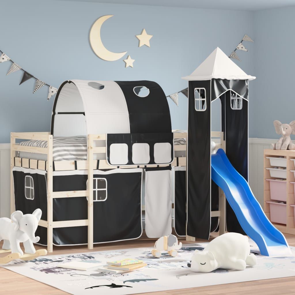 Children's Bed Curtains - White Black, Polyester, Tunnel And Tower, Playful Design, Durable_maomaolike.com