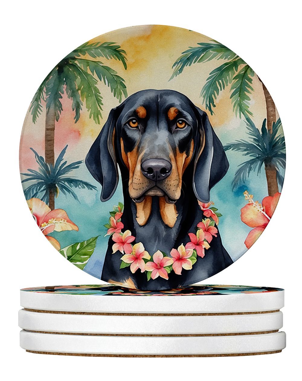 Black And Tan Coonhound Luau Large Sandstone Coasters Pack Of 4 Absorbent Round Coasters Decor Gifts For Men Or Women, 4 In, Multicolor_maomaolike.com