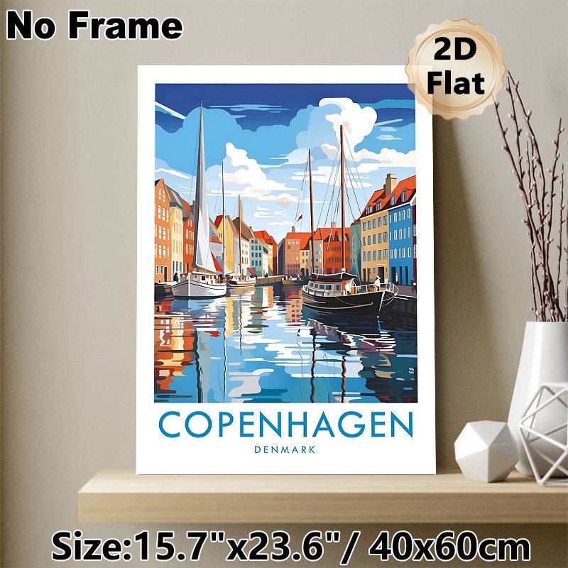 Copenhagen Harbor Themed Painting Poster, Vibrant Retro Style Poster, Scenic Waterfront With Colorful Buildings And Sailboats, Adds Charming Coastal_maomaolike.com