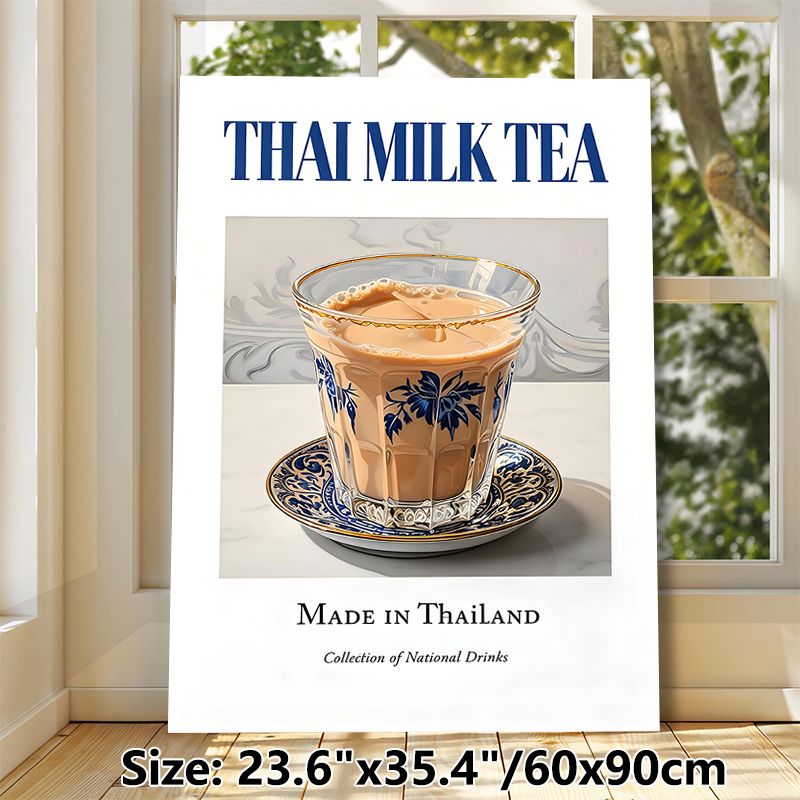 Thai Milk Tea Painting Poster, Vintage-style Elegant Blue-Patterned Glass Of Creamy Thai Milk Tea Poster, Brings Exotic Culinary Charm, Suitable For_maomaolike.com