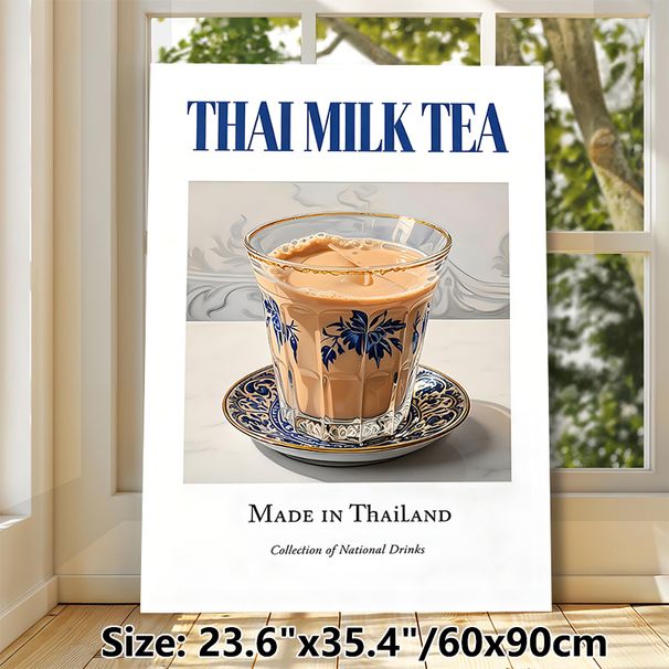 Thai Milk Tea Painting Poster, Vintage-style Elegant Blue-Patterned Glass Of Creamy Thai Milk Tea Poster, Brings Exotic Culinary Charm, Suitable For_maomaolike.com