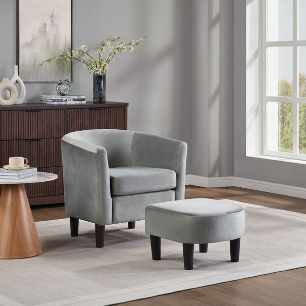 Velvet Accent Chair With Ottoman, Modern Barrel Chair Armchair For Living Room, Bedroom, Gray_maomaolike.com