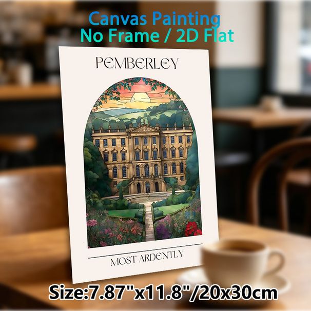 Pemberley Manor Painting Poster, Vintage Stained-glass Style Elegant Manor With Sunset & Lush Garden Poster, Charming Literary-inspired Decor Ideal_maomaolike.com