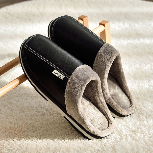 Men's Big Size Winter Slippers Home PU Leather Shoes For Men Indoor Waterproof Fur Cotton Male Bedroom Slipper Flat_maomaolike.com