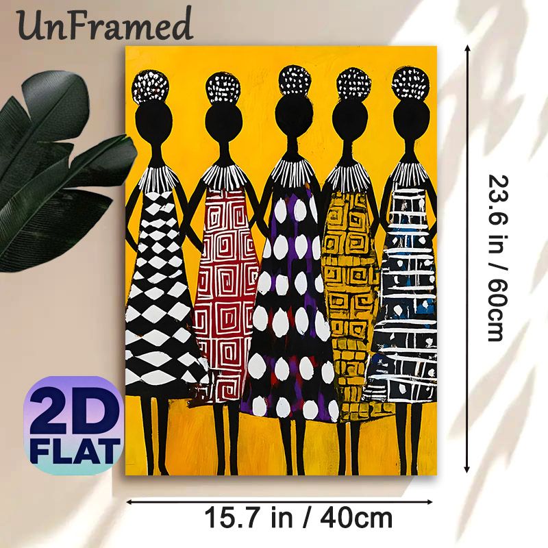 African Ethnic Women Painting Poster, Bold Colorful Ethnic Style Poster, Five Stylized Female Silhouettes With Distinct Geometric Patterned Dresses_maomaolike.com
