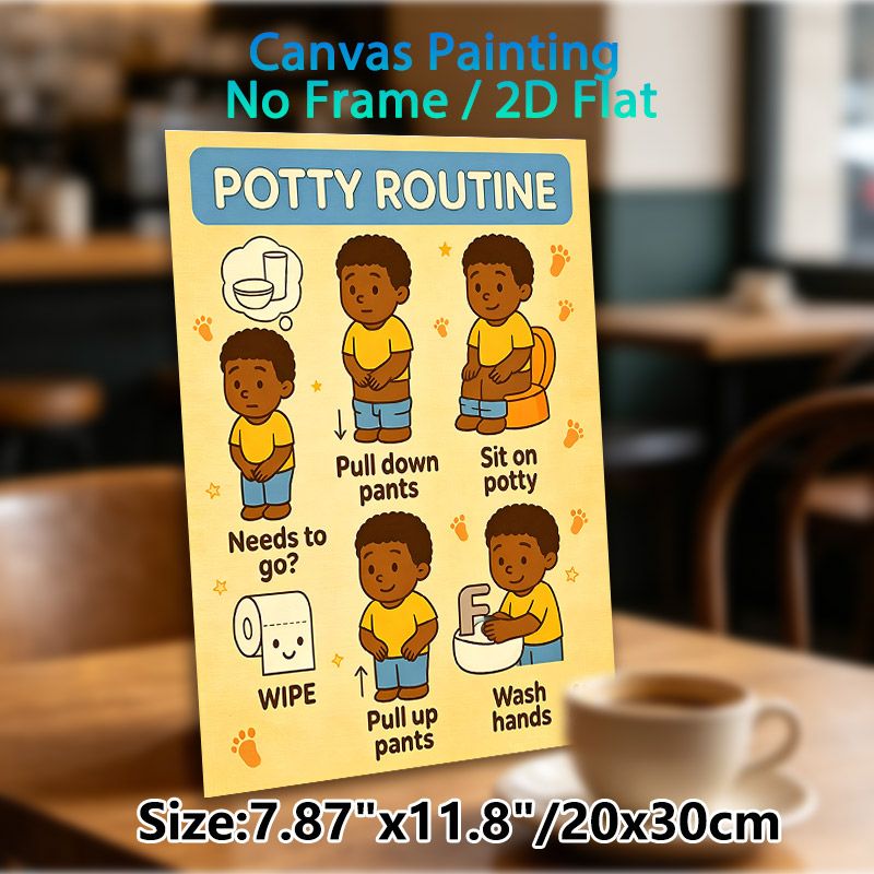 Potty Routine Painting Poster, Cute Cartoon Step-by-step Guide Poster, Clear Potty Procedure Guidance, Ideal For Bathroom_maomaolike.com