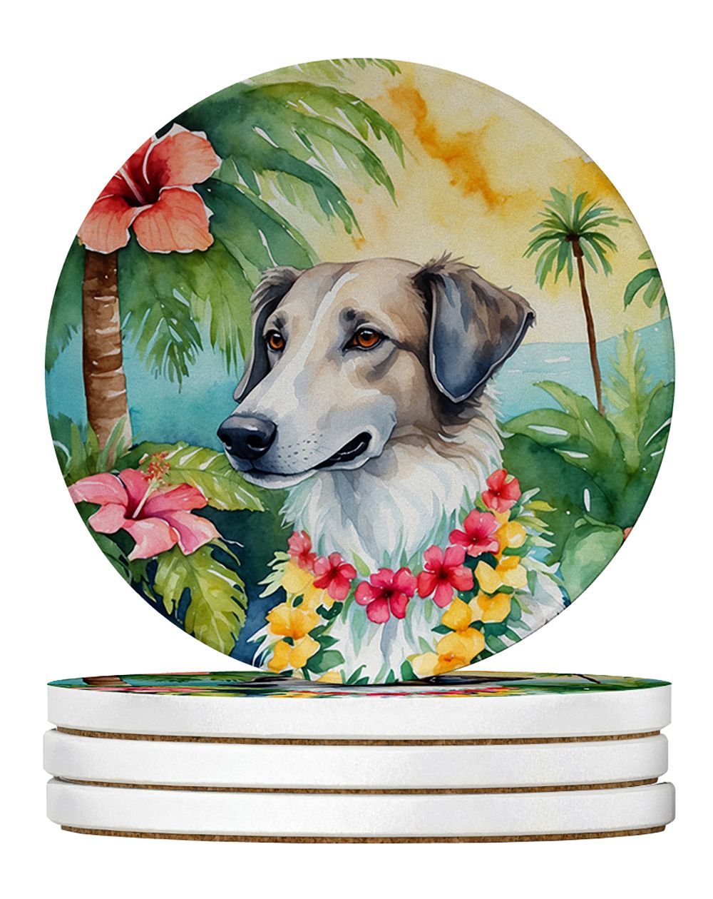 Borzoi Luau Large Sandstone Coasters Pack Of 4 Absorbent Round Coasters Decor Gifts For Men Or Women, 4 In, Multicolor_maomaolike.com