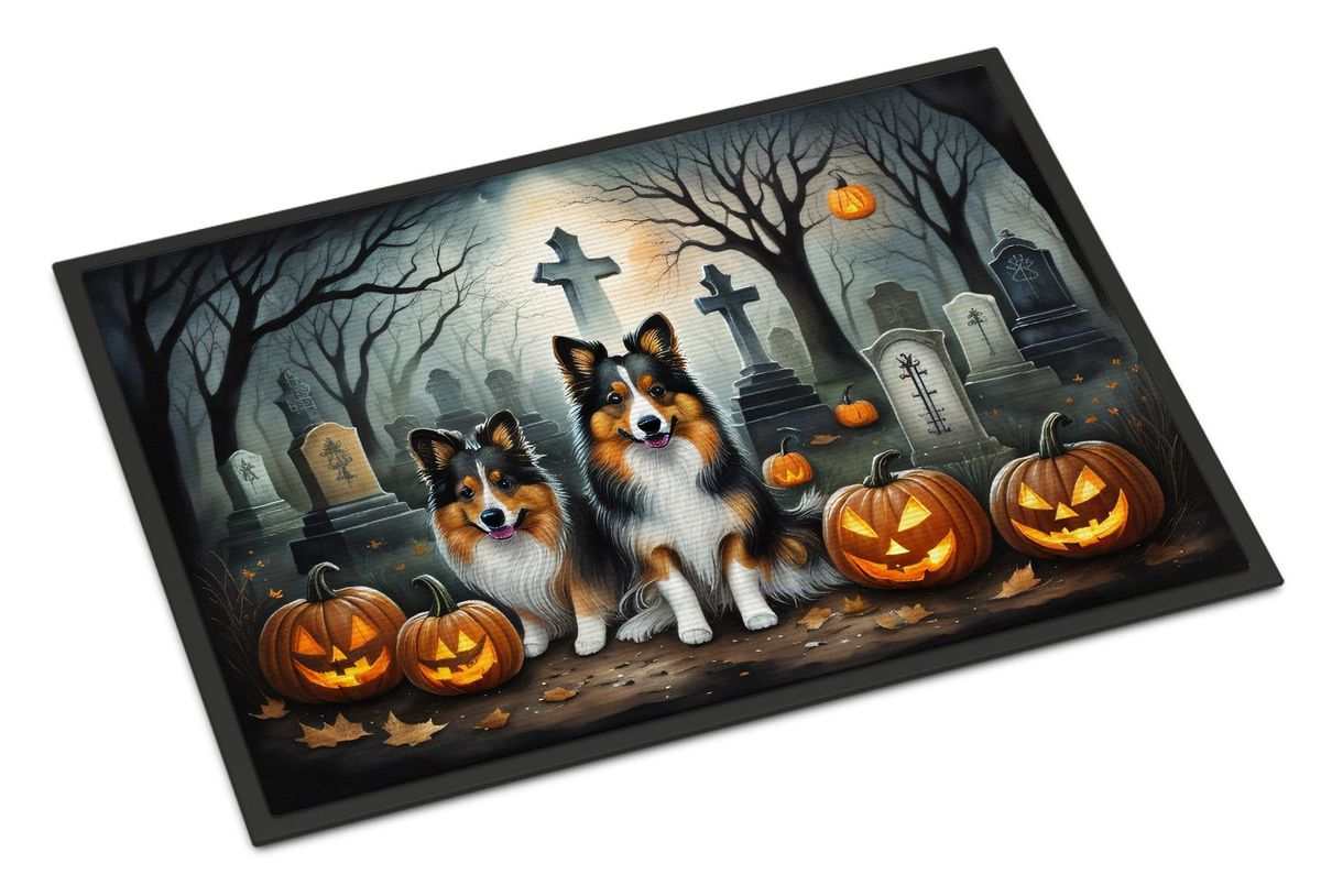 Sheltie Spooky Halloween Doormat Front Door Mat Indoor Outdoor Rugs For Entryway, Non Slip Washable Low Pile, 24H X 36W_maomaolike.com