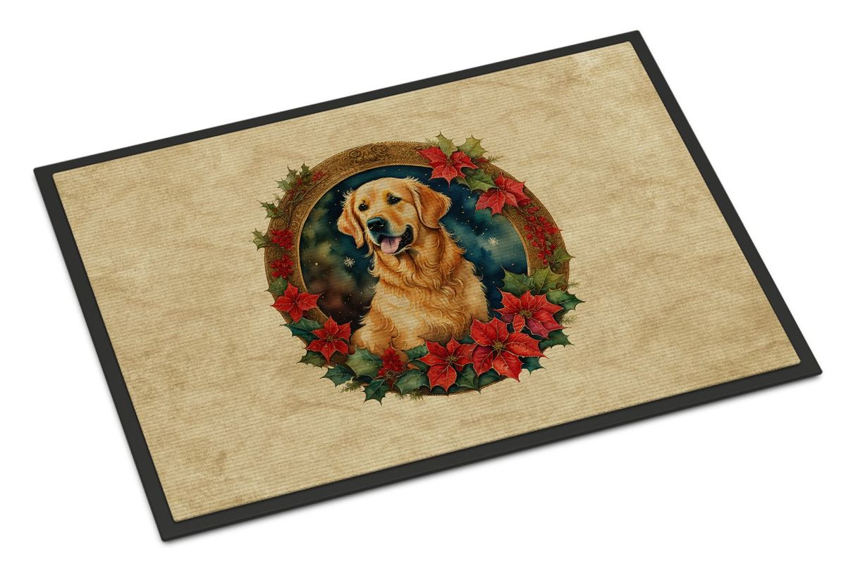 Golden Retriever Christmas Flowers Doormat Front Door Mat Indoor Outdoor Rugs For Entryway, Non Slip Washable Low Pile, 24H X 36W_maomaolike.com