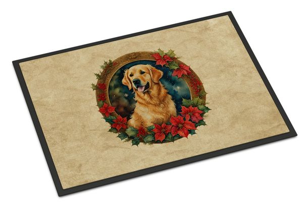 Golden Retriever Christmas Flowers Doormat Front Door Mat Indoor Outdoor Rugs For Entryway, Non Slip Washable Low Pile, 24H X 36W_maomaolike.com