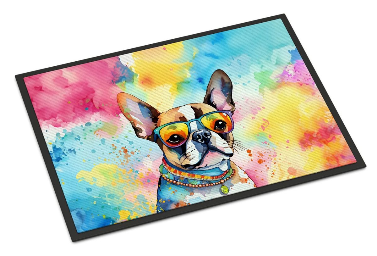 Boston Terrier Hippie Dawg Doormat Front Door Mat Indoor Outdoor Rugs For Entryway, Non Slip Washable Low Pile, 24H X 36W_maomaolike.com