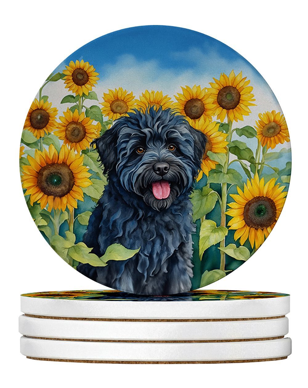 Puli In Sunflowers Large Sandstone Coasters Pack Of 4 Absorbent Round Coasters Decor Gifts For Men Or Women, 4 In, Multicolor_maomaolike.com