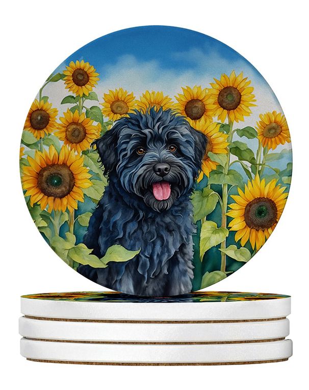 Puli In Sunflowers Large Sandstone Coasters Pack Of 4 Absorbent Round Coasters Decor Gifts For Men Or Women, 4 In, Multicolor_maomaolike.com