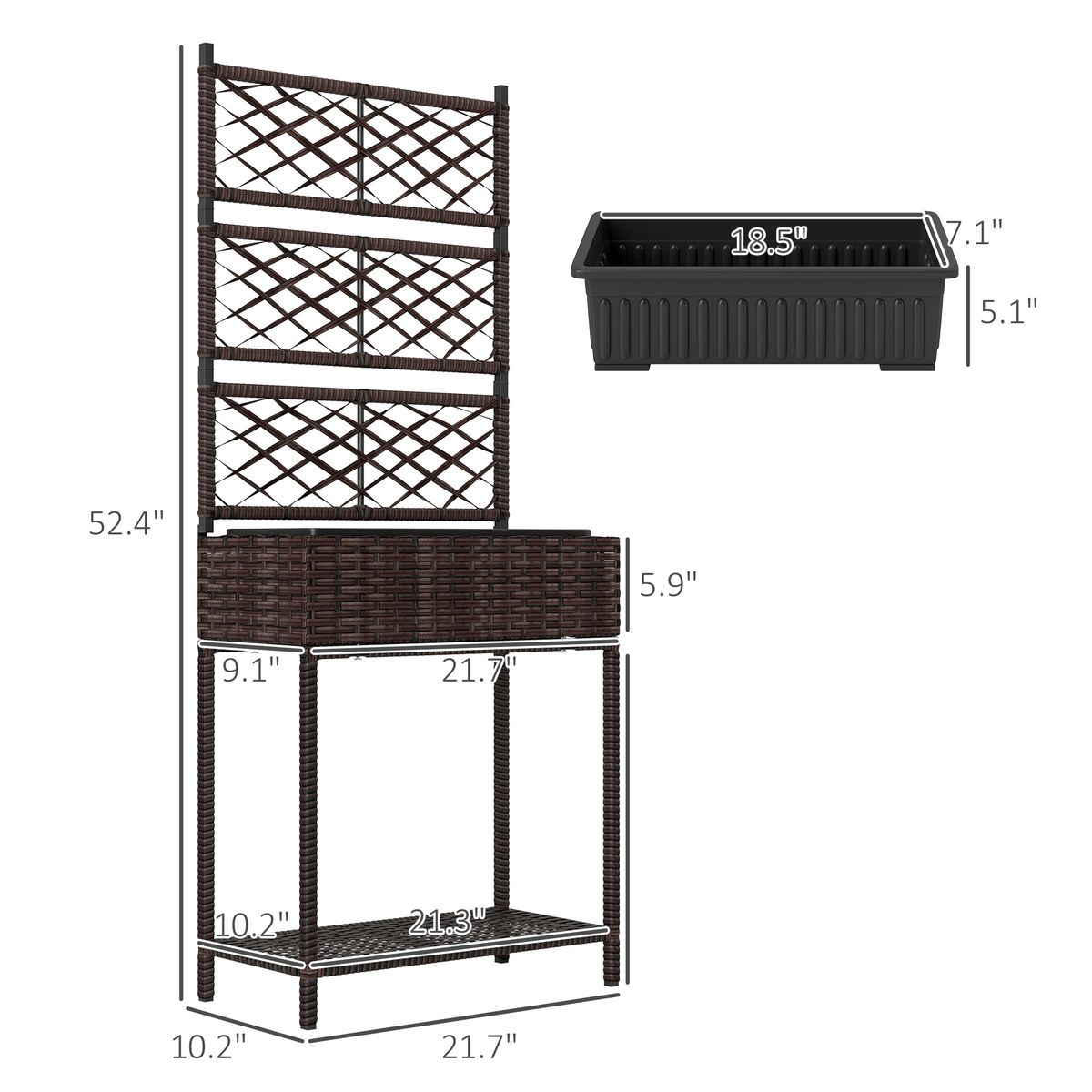 Outdoor Wicker Planter With Trellis For Climbing Plants, Freestanding Rattan Garden Box With Storage Shelf, Brown_maomaolike.com